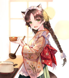 Rule 34 | 1girl, :d, animal ear fluff, animal ears, apron, blurry, blurry background, blush, bow, bowl, braid, breasts, brown hair, brown kimono, cat ears, commentary request, depth of field, earrings, eyebrows hidden by hair, floral print, frilled apron, frills, green eyes, hair ribbon, highres, holding, holding bowl, japanese clothes, jewelry, kimono, ladle, long hair, long sleeves, looking at viewer, looking to the side, low twintails, maid, maid headdress, open mouth, original, parted bangs, pierorabu, pot, print kimono, red bow, ribbon, small breasts, smile, solo, steam, twin braids, twintails, very long hair, wa maid, white apron, white ribbon, wide sleeves, window