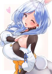 Rule 34 | 1girl, animal ears, apron, artist request, ass, blue hair, braid, breasts, detached sleeves, highres, hololive, huge breasts, leotard, multicolored hair, nails, one eye closed, open mouth, orange eyes, pekomama, see-through, see-through leotard, smile, tail, two-tone hair, virtual youtuber, white background, white hair