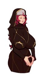 Rule 34 | 1girl, breasts, breeding season, closed eyes, habit, impossible clothes, large breasts, long hair, mole, mole under mouth, nun, parted lips, pink lips, red hair, s-purple, shiny skin, solo