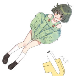 Rule 34 | 2boys, aa211108, akizuki ryo, antenna hair, black footwear, blush, brown eyes, clothes lift, collarbone, commentary, dot nose, dress, dress lift, dress tug, dutch angle, embarrassed, green dress, green hair, idolmaster, idolmaster dearly stars, legs, long sleeves, looking down, multiple boys, notice lines, open mouth, p-head producer, producer (idolmaster), short hair, sidelocks, socks, thighs, trap, white background, white socks, wind