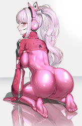 Rule 34 | 1girl, alice (nikke), ass, blush, bodysuit, breasts, cameltoe, come hither, feet, from behind, gloves, goddess of victory: nikke, headphones, headset, highres, huge ass, jacket, kneeling, large breasts, latex, latex bodysuit, long hair, looking at viewer, looking back, naughty face, pink bodysuit, pink eyes, pink hair, rdy, reflection, reflective floor, shiny clothes, sideboob, skin tight, smile, soles, solo, twintails