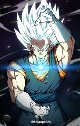 Rule 34 | 1boy, absurdres, arm up, closed mouth, dougi, dragon ball, dragonball z, dust, dust cloud, earrings, energy, energy ball, gloves, glowing, glowing eyes, highres, horang4628, jewelry, lens flare, looking at viewer, male focus, motion blur, muscular, muscular male, smile, solo, sparkle, spiked hair, twitter username, ultra instinct, vegetto, white eyes, white gloves, white hair, wind