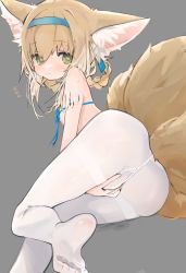 Rule 34 | 1girl, animal ear fluff, animal ears, arknights, ass, bare shoulders, blue hairband, blue ribbon, blush, braid, braided hair rings, closed mouth, covering crotch, covering privates, crying, crying with eyes open, embarrassed, feet, fox ears, fox girl, green eyes, grey background, hair rings, hairband, highres, material growth, mikozin, multiple tails, no shoes, oripathy lesion (arknights), pantyhose, ribbon, simple background, soles, solo, suzuran (arknights), tail, tears, white pantyhose