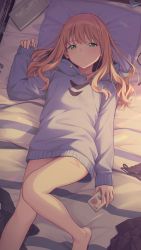 Rule 34 | 1girl, bare legs, barefoot, bed sheet, black panties, black pantyhose, black skirt, blush, brown hair, cellphone, closed mouth, dutch angle, foot out of frame, green eyes, grey sweater, gridman universe, half-closed eyes, highres, hood, hooded sweater, hoodie, lace, lace-trimmed panties, lace trim, long hair, long sleeves, looking at viewer, lying, mikazuchi zeus, minami yume, nail polish, on bed, panties, unworn panties, pantyhose, unworn pantyhose, parted lips, phone, pillow, pink nails, pleated skirt, skirt, unworn skirt, sleeves past wrists, smartphone, solo, ssss.dynazenon, sweater, underwear