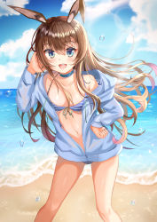 Rule 34 | 1girl, :d, absurdres, amiya (arknights), animal ears, arknights, bad id, bad pixiv id, beach, bikini, blue bikini, blue choker, blue eyes, blue jacket, blue sky, blush, brown hair, choker, cloud, commentary request, day, feet out of frame, female focus, hair between eyes, hand in own hair, hand on own hip, hand up, highres, hood, hooded jacket, jacket, leaning forward, long hair, long sleeves, looking at viewer, navel, ocean, open mouth, outdoors, rabbit ears, sky, smile, solo, standing, stomach, striped bikini, striped clothes, swimsuit, thighs, very long hair, water, water drop, zeroillya