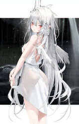 Rule 34 | 1girl, absurdres, backless dress, backless outfit, bare arms, bare shoulders, breasts, commentary request, dress, feathered wings, grey hair, hair between eyes, hair ornament, hairclip, highres, kamioka shun&#039;ya, long hair, looking at viewer, looking back, medium breasts, mini wings, original, parted lips, red eyes, sleeveless, sleeveless dress, solo, very long hair, water, white dress, white wings, wings
