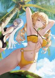 Rule 34 | 2girls, absurdres, armpits, ass, bare arms, bare shoulders, black one-piece swimsuit, blonde hair, breasts, cleavage, day, drill hair, fenny golden, food, fruit, grey hair, hair ornament, highres, hyonee, large breasts, long hair, looking at viewer, looking back, lyfe bestla, multiple girls, navel, o-ring, o-ring swimsuit, one-piece swimsuit, one eye closed, orange eyes, outdoors, parted lips, smile, snowbreak: containment zone, swimsuit, teeth, thighs, tree, watermelon, yellow eyes, yellow one-piece swimsuit