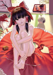 Rule 34 | 1girl, barefoot, bow, breasts, circle skirt, feet, female focus, geister, hair bow, hakurei reimu, hugging own legs, incense, nude, realistic, sitting, skirt, small breasts, solo, tatami, touhou