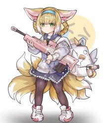 Rule 34 | 1girl, animal ear fluff, animal ears, arknights, assault rifle, backpack, bag, black pantyhose, blonde hair, blue archive, blue hairband, blue sailor collar, blue skirt, blush, braid, bullpup, cardigan, character backpack, closed mouth, commentary, cosplay, cuddz, english commentary, fox ears, fox girl, fox tail, full body, green eyes, gun, hairband, hifumi (blue archive), hifumi (blue archive) (cosplay), highres, holding, holding weapon, hondo kaede, kitsune, kyuubi, l85, long sleeves, miniskirt, multicolored hair, multiple tails, pantyhose, peroro (blue archive), puffy long sleeves, puffy sleeves, rifle, sailor collar, shoes, skirt, sneakers, solo, standing, suzuran (arknights), tail, twin braids, two-tone hair, voice actor connection, weapon, white cardigan, white footwear, white hair