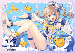 Rule 34 | 1girl, :d, animal bag, barbara (genshin impact), barbara (summertime sparkle) (genshin impact), bird, blonde hair, blue eyes, blue sailor collar, blush, bow, bowtie, breasts, commentary request, dated, detached sleeves, dress, duck, flower, frilled dress, frills, full body, furukawa lemon, genshin impact, hair between eyes, happy birthday, hat, hat flower, long hair, looking at viewer, official alternate costume, open mouth, rubber duck, sailor collar, sailor hat, sandals, small breasts, smile, solo, thigh strap, twintails, white bow, white bowtie, white dress, white flower, white footwear, white hat, white sleeves