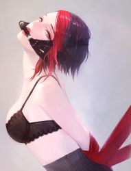 Rule 34 | 1girl, bdsm, bit gag, black hair, bondage, bound, bra, fiora (league of legends), gag, gagged, green eyes, heather37, streaked hair, highres, league of legends, lipstick, makeup, multicolored hair, red hair, red lips, restrained, short hair, solo, two-tone hair, underwear