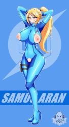 Rule 34 | 1girl, arms behind head, artist name, blonde hair, blue eyes, bodysuit, breast cutout, breasts, character name, cleft of venus, crotch cutout, gradient background, highres, ilustretsspoks, large breasts, looking at viewer, metroid, mole, mole under mouth, nintendo, nipples, ponytail, pussy, samus aran, skin tight, solo, torn clothes, uncensored, zero suit