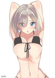 Rule 34 | 10s, 1girl, arms behind head, artist name, bikini, black bikini, blue eyes, blush, breast lift, breasts, cleavage, collarbone, covered erect nipples, female focus, hair ornament, hairclip, hamakaze (kancolle), kantai collection, large breasts, looking at viewer, navel, open mouth, sensen, silver hair, simple background, solo, swimsuit, white background