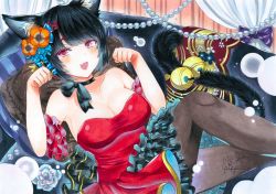 Rule 34 | 1girl, animal ear fluff, animal ears, azur lane, bell, breasts, cat ears, cat tail, cleavage, couch, dress, fang, frilled dress, frills, highres, large breasts, looking at viewer, official alternate costume, on couch, open mouth, pantyhose, paw pose, pillow, red dress, red eyes, short hair, skin fang, solo, tail, tail bell, tail ornament, traditional media, whipberry, yamashiro (azur lane), yamashiro (dressy black cat) (azur lane)