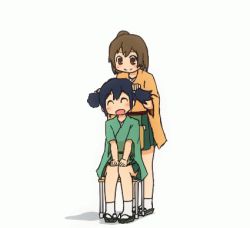 Rule 34 | 2girls, ^ ^, ahoge, animated, animated gif, arawi keiichi (style), blue hair, brown eyes, brown hair, closed eyes, geta, hiryuu (kancolle), homura-yoshida35, kantai collection, kneehighs, lowres, multiple girls, nichijou, parody, playing with another&#039;s hair, short hair, simple background, sitting, socks, souryuu (kancolle), style parody, tabi, twintails, two side up, white background
