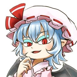 Rule 34 | 1girl, profile picture, bat wings, blue hair, chamaji, close-up, commentary, eyeshadow, fang, frills, hair between eyes, hand on own chin, hand on own face, hat, hat ribbon, looking at viewer, lowres, makeup, mob cap, pointy ears, red eyes, remilia scarlet, ribbon, short hair, signature, simple background, slit pupils, solo, spread wings, touhou, upper body, white background, wing collar, wings