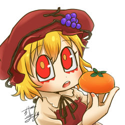 Rule 34 | 1girl, aki minoriko, apron, blonde hair, blouse, chamaji, commentary, food, food-themed hair ornament, fruit, grape hair ornament, grapes, hair between eyes, hair ornament, hat, holding, holding food, holding fruit, looking at viewer, lowres, mob cap, neck ribbon, open mouth, persimmon, profile picture, red apron, red hat, ribbon, shirt, signature, solo, touhou, white background