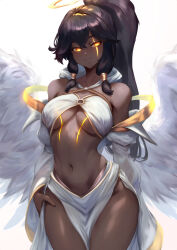 ancient_greek_clothes angel angel_wings baddelz black_hair breasts cora_(baddelz) dark-skinned_female dark_skin feathered_wings glowing glowing_eyes glowing_scar greco-roman_clothes halo highres large_breasts navel orange_eyes original ponytail scar scar_across_eye wings yellow_halo