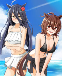 Rule 34 | 2girls, absurdres, agnes tachyon (umamusume), ahoge, alternate costume, animal ears, arms under breasts, bare shoulders, bikini, bikini skirt, black bikini, black hair, blue sky, blush, breasts, brown hair, cleavage, closed mouth, commentary request, cowboy shot, earrings, flower, frilled bikini, frills, front-tie bikini top, front-tie top, hair between eyes, hair flower, hair ornament, hands on own knees, highres, horse ears, horse girl, horse tail, jewelry, leaning forward, lens flare, manhattan cafe (umamusume), medium breasts, multiple girls, navel, ocean, open mouth, outdoors, red eyes, single earring, sky, sky wing12, smile, swimsuit, tail, umamusume, water, white bikini, yellow eyes