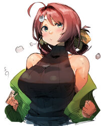 Rule 34 | 1girl, ahoge, bare shoulders, blush, breasts, chougei (kancolle), closed mouth, green eyes, green jacket, hair ribbon, highres, jacket, kantai collection, large breasts, looking at viewer, off shoulder, open clothes, open jacket, puff of air, ribbed sweater, ribbon, simple background, sketch, sleeveless, sleeveless sweater, sleeveless turtleneck, solo, sunday aki, sweater, turtleneck, turtleneck sweater, upper body, white background