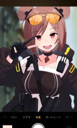Rule 34 | 1girl, absurdres, ammunition pouch, black gloves, black jacket, breasts, brown hair, choker, double bun, eyewear on head, girls&#039; frontline, gloves, hair bun, hair ornament, hand up, highres, jacket, open mouth, p90 (girls&#039; frontline), partially fingerless gloves, potryka2000, pouch, red eyes, short hair, smile, solo, straight-on, sunglasses, teeth, upper body, upper teeth only, user interface