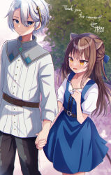 Rule 34 | 1boy, 1girl, animal ears, belt, blue dress, blue eyes, brown hair, character request, commission, copyright request, dress, fang, flat chest, grey hair, hetero, highres, holding hands, light brown hair, long hair, looking at another, multicolored hair, open mouth, orange eyes, pants, pinafore dress, puffy short sleeves, puffy sleeves, sese nagi, shirt, short sleeves, skeb commission, skin fang, sleeveless, sleeveless dress, sleeves past elbows, streaked hair, sweatdrop, tunic, two-tone hair, white hair, white shirt