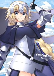 Rule 34 | 1girl, armor, armored dress, blonde hair, blue eyes, braid, breasts, capelet, closed mouth, cloud, cloudy sky, cowboy shot, day, fate/apocrypha, fate/grand order, fate (series), flag, gauntlets, headpiece, highres, jeanne d&#039;arc (fate), jeanne d&#039;arc (ruler) (fate), long hair, looking at viewer, medium breasts, panties, pantyshot, scabbard, sheath, shunichi, single braid, sky, smile, solo, standing, sword, underwear, very long hair, weapon, white panties