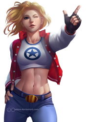 Rule 34 | 1girl, blonde hair, blue eyes, cowboy shot, deviantart username, fingerless gloves, gloves, hand on own hip, highres, looking away, midriff, one eye closed, parted lips, pointing, shirt, short hair, solo, standing, tekino, the king of fighters, vest, white background, white shirt