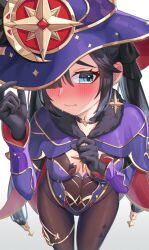 Rule 34 | 1girl, black gloves, black hair, blue eyes, blush, breast cutout, capelet, cleavage cutout, clothing cutout, compass rose, crescent, crescent hat ornament, fur-trimmed capelet, fur trim, genshin impact, gloves, hat, hat ornament, highres, leotard, mikoto (0709mikoto), mona (genshin impact), pantyhose, solo, twintails, vision (genshin impact), witch hat
