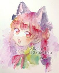 Rule 34 | 1girl, 2zuz4hru, :d, animal ears, artist name, blunt bangs, blush, bow, braid, cat ears, kaenbyou rin, looking at viewer, neck ribbon, open mouth, painting (medium), portrait, red ribbon, ribbon, smile, solo, touhou, traditional media, twin braids, watercolor (medium)