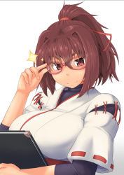 Rule 34 | &gt;:), 10s, 1girl, adjusting eyewear, bespectacled, blush, book, brown eyes, brown hair, glasses, hair ribbon, holding, holding book, ise (kancolle), japanese clothes, kantai collection, looking at viewer, nokishita kumoemon, nontraditional miko, ponytail, red-framed eyewear, red ribbon, ribbon, short hair, smile, solo, undershirt, upper body, v-shaped eyebrows