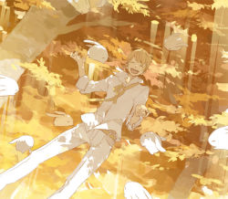 Rule 34 | 1boy, animal, autumn, autumn leaves, belt, blonde hair, rabbit, closed eyes, floating, laughing, leaf, light rays, male focus, necktie, open mouth, original, outstretched arms, outstretched hand, short hair, smile, solo, sunbeam, sunlight, tanjiu, tree, yellow theme