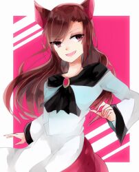 Rule 34 | 1girl, animal ears, aridamikannn, ascot, black ascot, border, breasts, brooch, brown hair, cowboy shot, dress, imaizumi kagerou, jewelry, long hair, long sleeves, looking at viewer, nail polish, open mouth, pink background, pink nails, red brooch, red eyes, red skirt, simple background, skirt, small breasts, smile, solo, tail, touhou, white border, wide sleeves, wolf ears, wolf tail