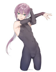 Rule 34 | 1boy, absurdres, bare shoulders, bulge, closed mouth, commentary request, covered erect nipples, covered navel, cropped legs, detached sleeves, green eyes, highres, leotard, looking at viewer, male focus, original, ponytail, purple hair, simple background, skin tight, sleeveless, sleeves past wrists, slit pupils, solo, tawapo, tongue, tongue out, unitard, white background