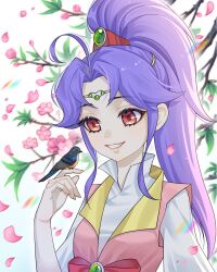 Rule 34 | 1girl, ahoge, beiming xue, bird, bird on hand, bow, circlet, falling petals, flower, grin, hair intakes, hand up, high collar, highres, kumu zaisheng, long hair, looking at another, parted bangs, peach blossom, petals, pink flower, pink vest, ponytail, purple hair, red bow, red eyes, shenbing xiaojiang, shirt, smile, solo, teeth, upper body, vest, white background, white shirt