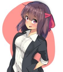 Rule 34 | 1girl, absurdres, alternate eye color, black jacket, brown hair, casual, commentary, dress shirt, girls und panzer, headband, highres, jacket, kondou taeko, kshimu, looking at viewer, medium hair, one-hour drawing challenge, open clothes, open jacket, open mouth, purple eyes, red headband, shirt, sleeves rolled up, smile, solo, standing, sweatdrop, white shirt, wing collar