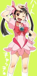 Rule 34 | 1girl, :d, :p, bakemonogatari, bandages, black hair, bow, brooch, brown eyes, choker, cosplay, cure blossom, cure blossom (cosplay), dress, earrings, fang, hachikuji mayoi, hairband, hand on own hip, happy, heart, heart brooch, heartcatch precure!, hip focus, jewelry, long hair, magical girl, monogatari (series), one eye closed, open mouth, precure, ribbon, simple background, smile, solo, tongue, tongue out, twintails, u-ka (pixiv5407), v, wink, wrist cuffs