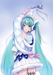 Rule 34 | 1girl, aqua eyes, aqua hair, arms up, bell, commentary, cowboy shot, dress, evanstan, from behind, fur-trimmed dress, fur-trimmed sleeves, fur trim, hair ornament, hairclip, hatsune miku, headphones, headset, highres, holding, holding bell, long hair, looking at viewer, looking back, magical mirai (vocaloid), magical mirai miku, magical mirai miku (2020 winter), single thighhigh, smile, snowing, solo, thighhighs, twintails, very long hair, vocaloid, white dress