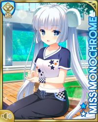 Rule 34 | 1girl, :d, black footwear, black pants, blue eyes, blunt bangs, card, character name, day, fist in hand, girlfriend (kari), midriff, miss monochrome, miss monochrome (character), navel, official art, open mouth, outdoors, pants, qp:flapper, shirt, sitting, smile, solo, tagme, twintails, white hair, white shirt