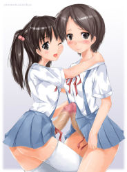Rule 34 | 2girls, ;d, abubu, black hair, blush, censored, erection, futanari, holding, looking at viewer, multiple girls, one eye closed, open mouth, penis, penis ribbon, penises touching, ribbon, school uniform, short hair, skirt, smile, suspenders, thighhighs, twintails, wink