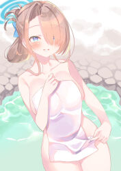 Rule 34 | 1girl, asuna (blue archive), blue archive, blue eyes, blue halo, blush, breasts, collarbone, cowboy shot, grin, hair over one eye, halo, highres, large breasts, light brown hair, long hair, looking at viewer, moeno uni, naked towel, onsen, smile, solo, towel, water, white towel