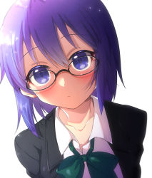 Rule 34 | 1girl, black-framed eyewear, blue eyes, blue hair, blush, bow, bowtie, ciel (tsukihime), closed mouth, collarbone, collared shirt, commentary, glasses, green bow, green bowtie, hair between eyes, highres, itsuka neru, jacket, looking at viewer, open clothes, open jacket, school uniform, shirt, short hair, solo, tsukihime, tsukihime (remake), uniform, upper body, white background, white shirt