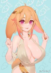 Rule 34 | 1girl, animal ears, artist name, bare shoulders, blue background, bonnie (bunny gif), boshke, breasts, cleavage, dress, floppy ears, hair between eyes, highres, holding ears, indie virtual youtuber, large breasts, looking at viewer, no bra, orange hair, patterned background, purple eyes, rabbit ears, rabbit tail, smile, solo, tail, tongue, tongue out, virtual youtuber, white dress