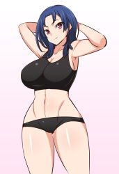 Rule 34 | 1girl, active raid, arms up, black panties, blue hair, blush, closed mouth, collarbone, cowboy shot, gabao (mattari 2019), gradient background, hoshimiya haruka, looking at viewer, midriff, navel, panties, red eyes, short hair, simple background, smile, solo, standing, stomach, taut clothes, toned, underwear