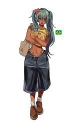 1girl bead_choker blue_eyes blue_hair blue_panties blush brazilian_flag brazilian_miku brown_footwear crossed_arms dark-skinned_female dark_skin denim denim_shorts flower freckles full_body hair_flower hair_ornament hatsune_miku highres leaning_to_the_side long_hair navel open_clothes open_shorts panties red_flower salma_(_pumpurin) shirt shorts simple_background socks solo twintails underwear very_long_hair vocaloid white_socks yellow_shirt