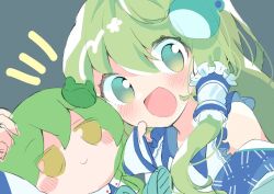 1girl bare_shoulders blush blush_stickers c: character_doll closed_mouth collared_shirt detached_sleeves doll frilled_hair_tubes frilled_shirt frills frog_hair_ornament fumo_(doll) green_eyes green_hair grey_background hair_ornament hair_tubes happy highres holding holding_doll kochiya_sanae long_hair mikako_chan3 open_mouth shirt shoes simple_background single_hair_tube single_sidelock smile solo stuffed_toy touhou upper_body yellow_eyes