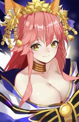 Rule 34 | 1girl, animal ears, bell, breasts, cleavage, collarbone, crown, detached sleeves, erlge, fate/grand order, fate (series), fox ears, fox tail, highres, japanese clothes, jingle bell, large breasts, light smile, long hair, looking at viewer, looking up, multiple tails, official alternate costume, pink hair, solo, tail, tamamo (fate), tamamo no mae (fate/extra), tamamo no mae (third ascension) (fate), very long hair, yellow eyes