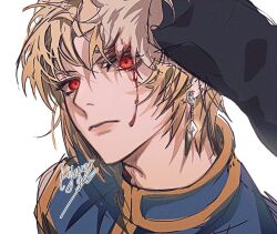 Rule 34 | 1boy, 1other, androgynous, blonde hair, blood, bloody tears, crystal earrings, earrings, hunter x hunter, jewelry, kurapika, long sleeves, looking at viewer, male focus, pov, red eyes, short hair, signature, simple background, tabard, wago, white background