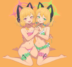 14sky 2girls absurdres alternate_costume animal_ear_headphones animal_ears barefoot bikini blue_archive blush breasts cat_ear_headphones commentary fake_animal_ears fang full_body green_bikini green_eyes green_halo halo halterneck headphones highres interlocked_fingers looking_at_viewer midori_(blue_archive) momoi_(blue_archive) multiple_girls navel open_mouth orange_background orange_hair pink_bikini pink_eyes pink_halo short_hair simple_background sitting skin_fang small_breasts smile swimsuit wariza