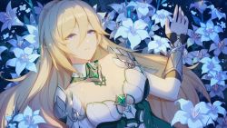 Rule 34 | 1girl, armor, bianka durandal ataegina, bianka durandal ataegina (bright knight: excelsis), blonde hair, blue eyes, breasts, cleavage, commentary, commentary request, flower, flower bed, hair between eyes, hair flower, hair ornament, highres, honkai (series), honkai impact 3rd, long hair, lying, parted lips, solo, third-party source